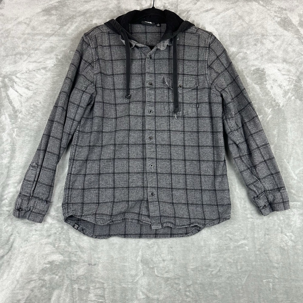 Vans Flannel Men's S Gray Black Plaid Shacket 100% Cotton Hoodie